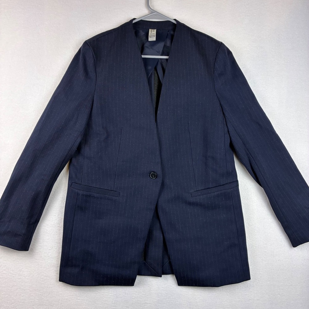 Spanx Blazer Womens S Navy Pinstripe Collarless Stretch Workwear Professional